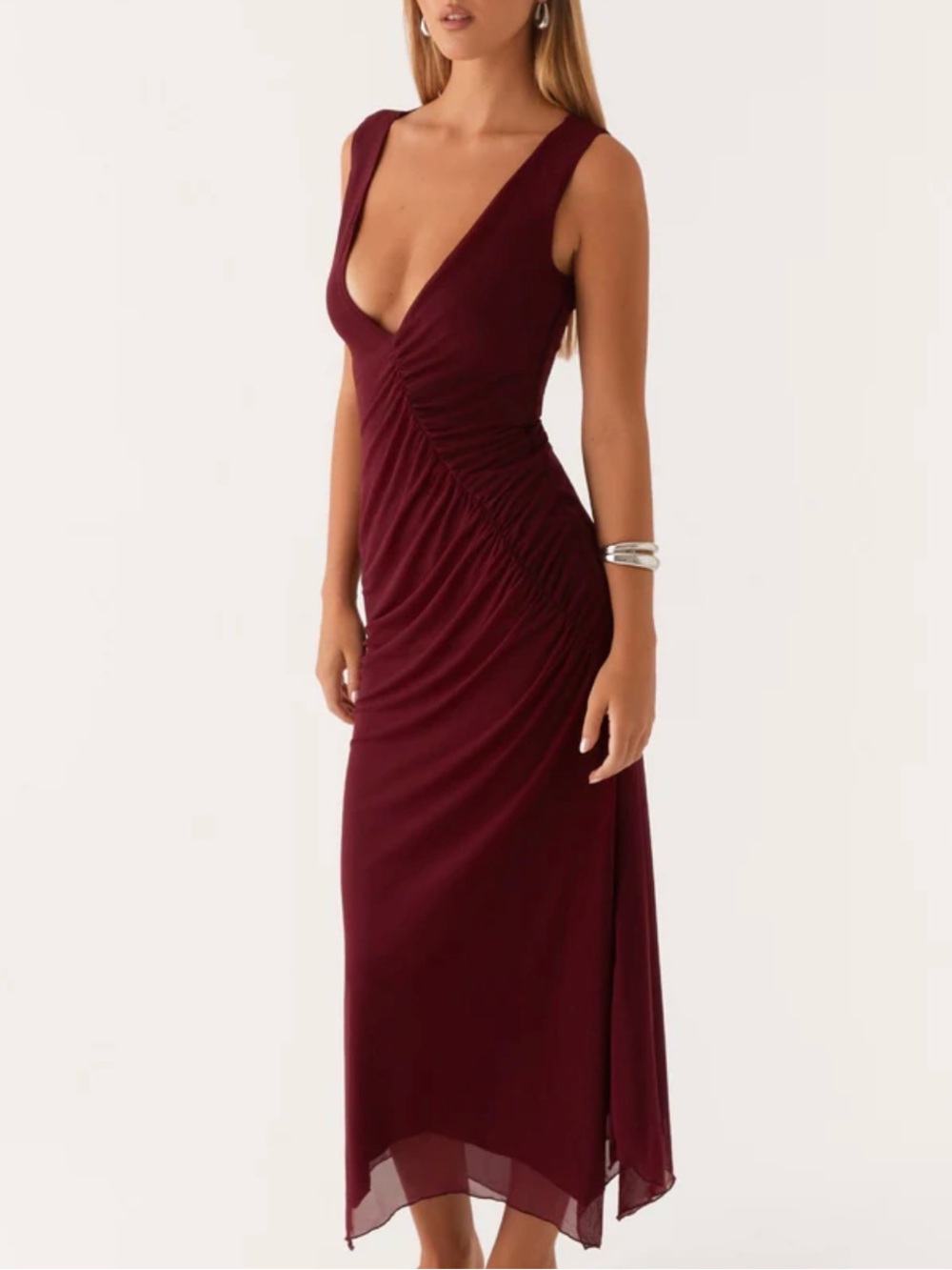 Peppermayo Burgundy Deep V Ruched Maxi Dress - Picture 2 of 3